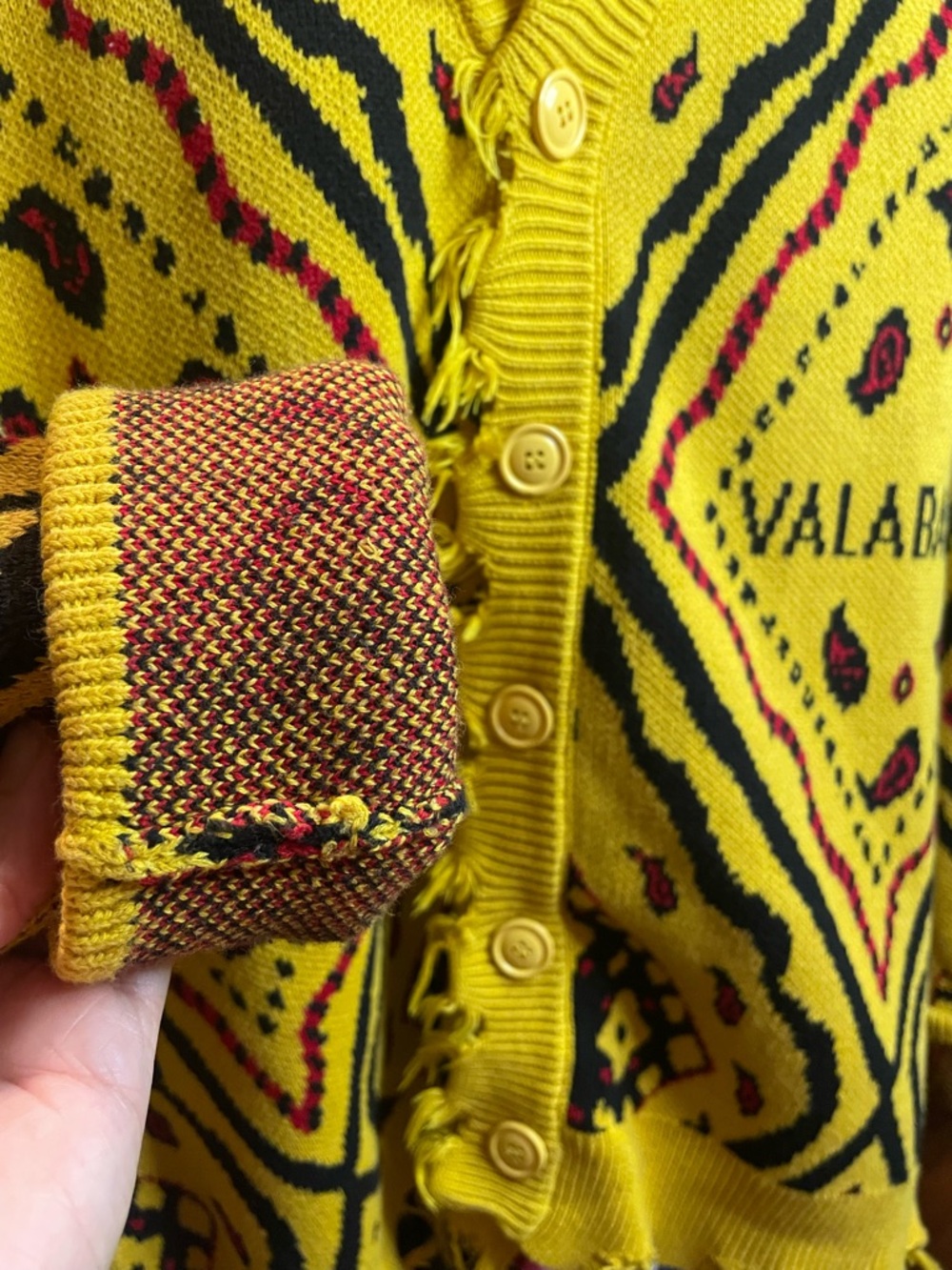 VALABASAS Pledge Sweater - Yellow Patterned Fringed - Picture 3 of 7